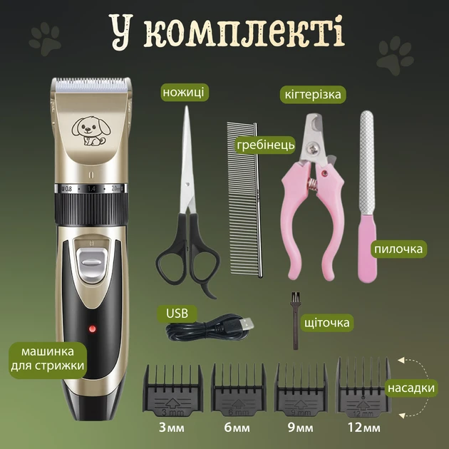 БЕЗДРОТОВА МАШИНКА ДЛЯ СТРИЖКИ ТВАРИН З НАБОРОМ АКСЕСУАРІВ PET GROOMING HAIR CLIPPER KIT