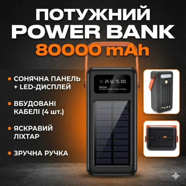 Зовнішній акумулятор Power Bank 80000 mAh з сонячною панеллю та ліхтариком