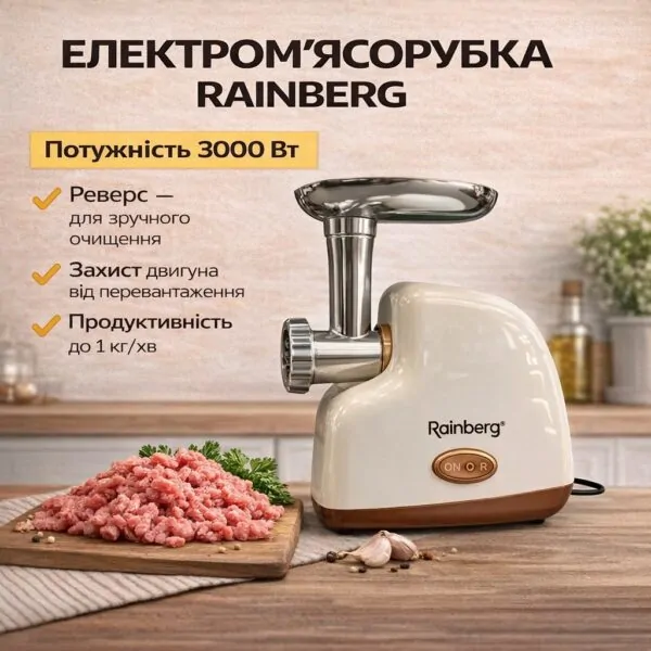 Електрична м’ясорубка Rainberg 3000 Вт з реверсом та захистом від перевантаження