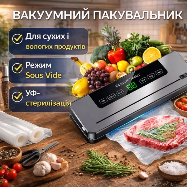 Вакуумний упаковувач сухих/вологих продуктів з УФ-стерилізацією в режимі Sous Vide