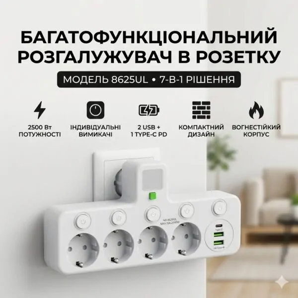 Мережевий розгалужувач-адаптер 7-в-1 у розетку