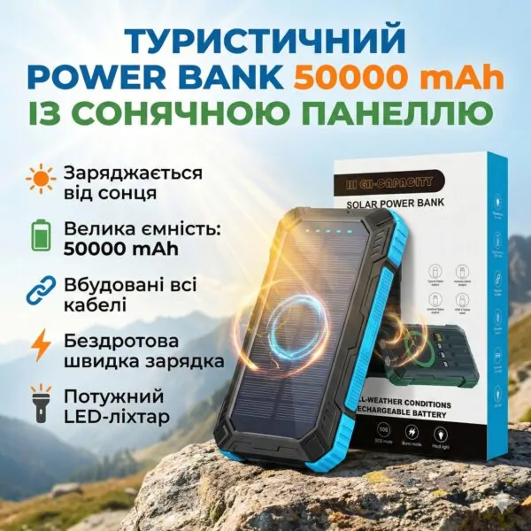 Потужний туристичний Power Bank 50000 mAh із сонячною батареєю, бездротовою зарядкою та 4 вбудованими кабелями Fast Charge 22.5W