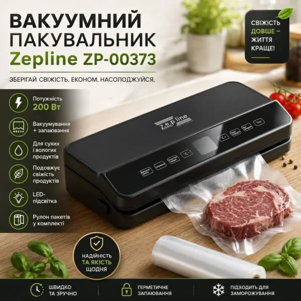Вакуумний пакувальник для продуктів 200Вт з LED-підсвічуванням та рулоном пакетів