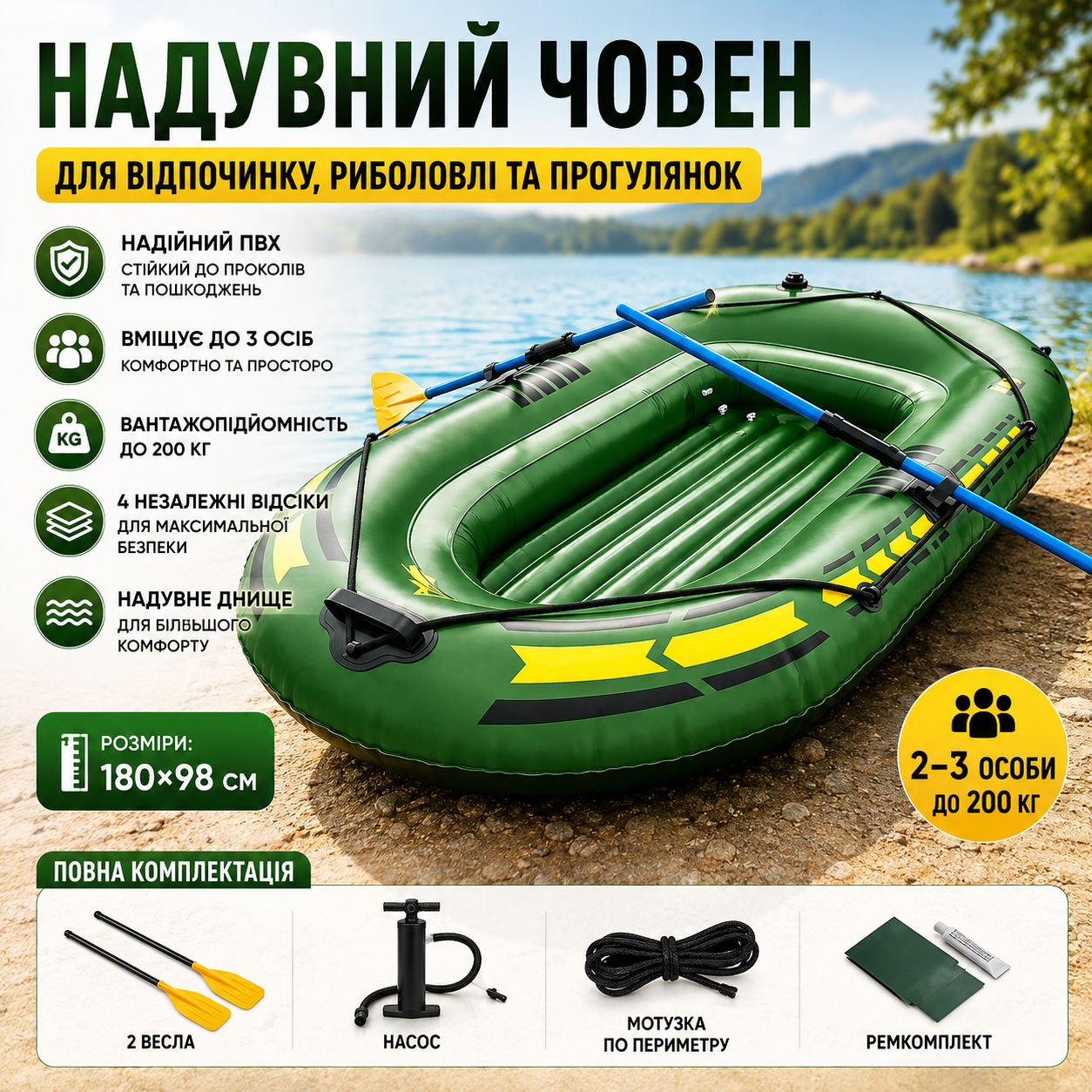 Човен надувний 2х-місний + подушка, насос, весла 180/98 см