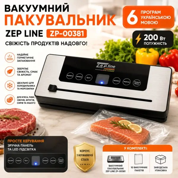 Вакуумний пакувальник Zepline 200 Вт з 6 програмами та LED-підсвічуванням