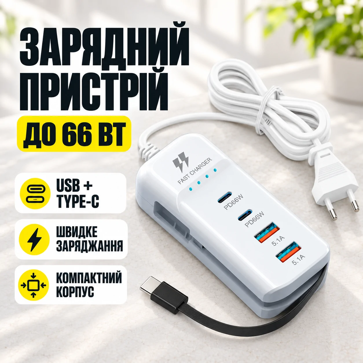 Універсальний зарядний пристрій 66 W з 2 USB-портами