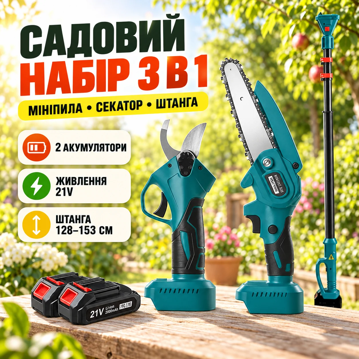 Набір акумуляторних інструментів пила секатор зі штангою акумуляторами 2 штуки для обрізки кущів гілок 21V