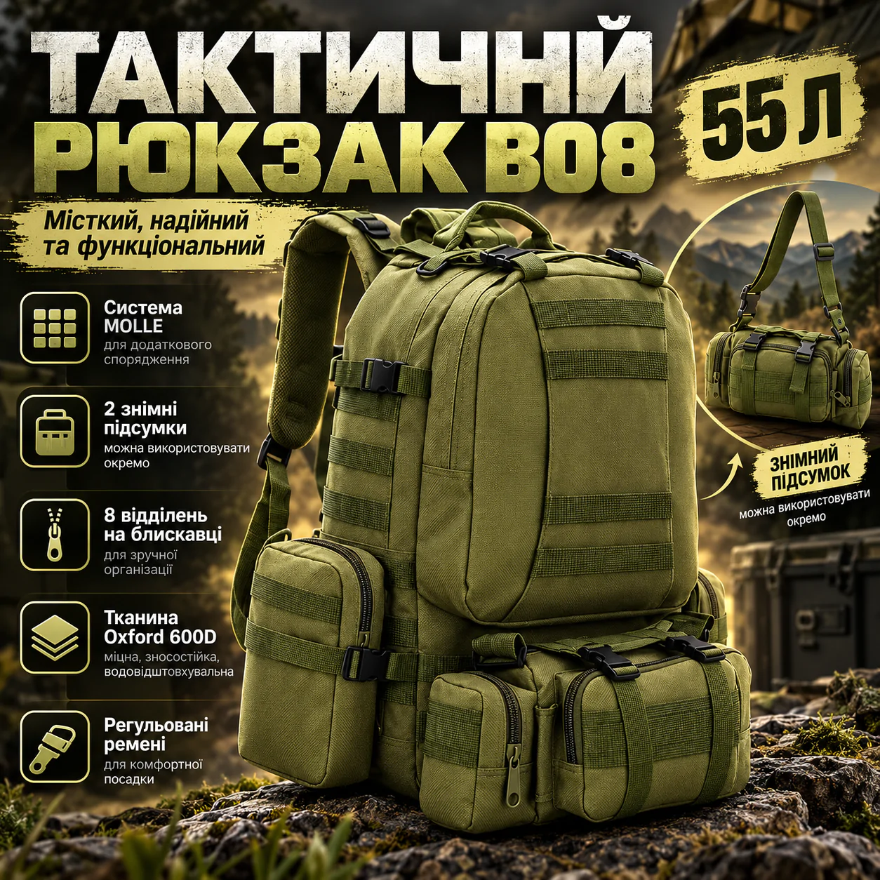 Тактичний рюкзак з підсумками на 55л