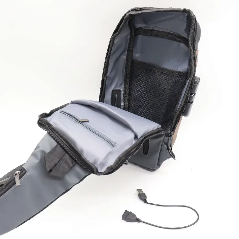 Чоловіча сумка через плече з USB-розʼємом та кодовим замком, 32х16см, Сіра / Водонепроникна сумка слінг - Зображення 3