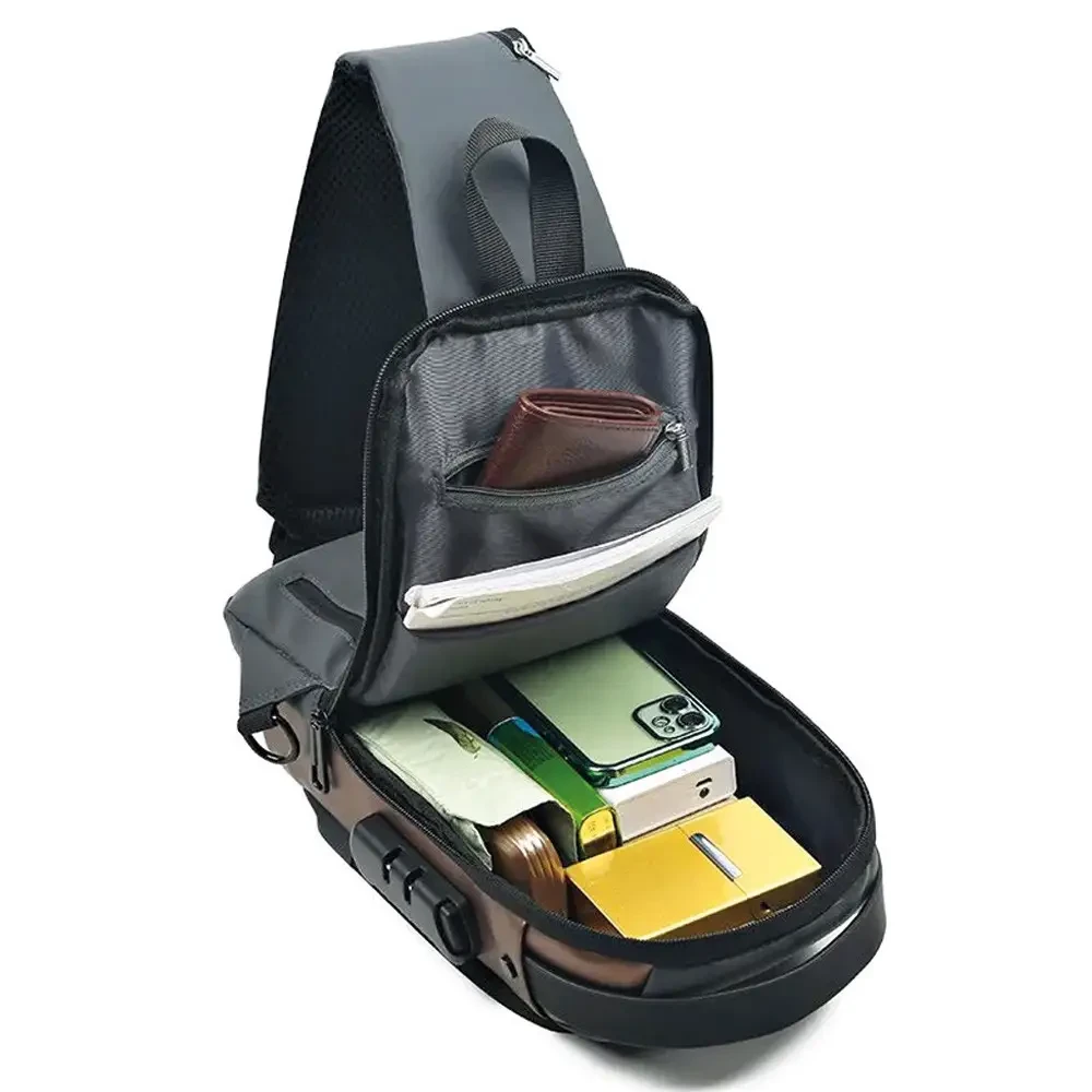 Чоловіча сумка через плече з USB-розʼємом та кодовим замком, 32х16см, Сіра / Водонепроникна сумка слінг - Зображення 4