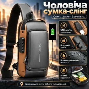Чоловіча сумка через плече з USB-розʼємом та кодовим замком, 32х16см, Сіра / Водонепроникна сумка слінг