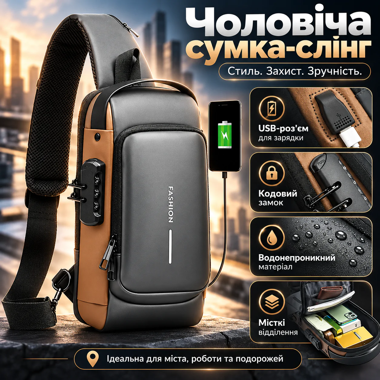 Чоловіча сумка через плече з USB-розʼємом та кодовим замком, 32х16см, Сіра / Водонепроникна сумка слінг